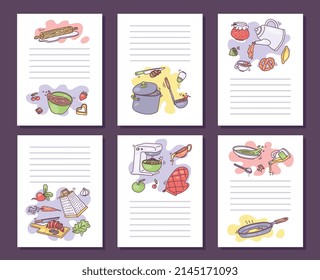 Recipe book sheets template with space for text and doodle kitchen utensil, vector illustration. Hand drawn cookbook papers set. Concept of cooking and kitchenware.