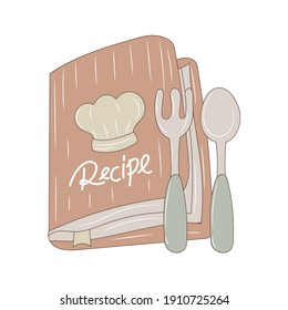 Recipe Book with Spoon and fork vector illustration, isolated colored hand drawn linear style 
