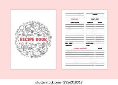 Recipe Book template. Cover of cookbook and dish page blank. Vector illustration.