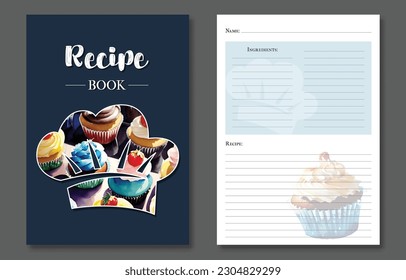 Recipe book template. Watercolor cupcakes. Cook book.