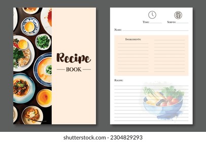 Recipe book template. Watercolor dishes and vegetables. Cook book.