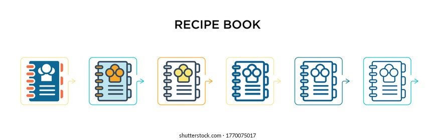 Recipe book vector icon in 6 different modern styles. Black, two colored recipe book icons designed in filled, outline, line and stroke style. Vector illustration can be used for web, mobile, ui