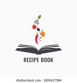 Recipe book with vegetables. Cookbook or book of recipes logo on white background