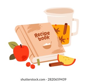 Recipe book with warm apple cider, cinnamon sticks, and cozy autumn ingredients. Vector illustration in a flat style for cookbooks, recipe cards, kitchen planners.