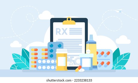 Recipe bottle with potion, pills, capsules and tablets. Prescription for medicines and jars and blisters with pills. Medicine and pharmacology. For magazines, websites and apps. Vector illustration