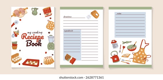 Recipe card for banner design. Food retro background with bakery elements Cake with various baking utensils. Cooking school and classes placard, culinary education lesson