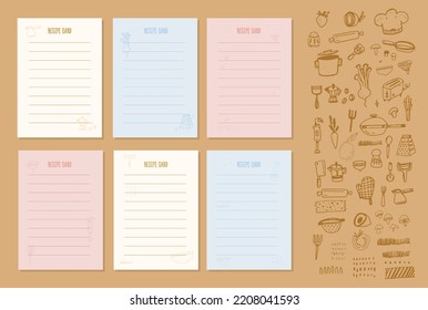 Recipe card for banner design set. Food retro background with doodles