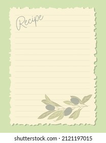 Recipe Card Blank Template With Olives Frame. Vector Illustration