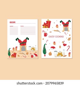 Recipe card with Christmas illustration - sweets, Grinch tree and gift boxes. Vector stock illustration isolated on background for template design cook book. You can print file - USA letter. EPS10