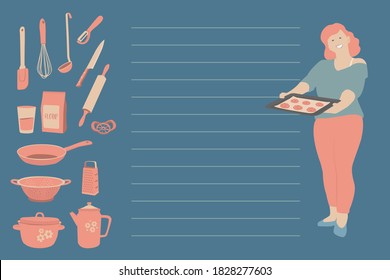 Recipe card. Cookbook blank. Cookbook stickers, cute homemade menu. Baking banners with doodle set of vector kitchen tools and girl cooking.