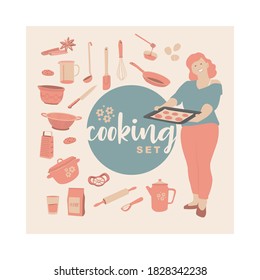 Recipe card. Cookbook blank. Vector set of kitchen tools for cookbook or stickers. Simple retro style.