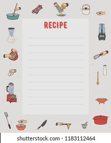 Recipe card. Cookbook page. Design template with kitchen utensils and appliances. Set for restaurant, cafe, bakery and fast food. Vector illustration in sketch style 