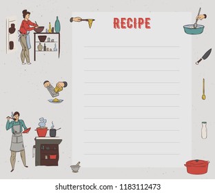 Recipe card. Cookbook page. Design template with people preparing meals, kitchen utensils and appliances. Set for restaurant, cafe, bakery and fast food. Vector illustration in sketch style 