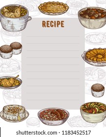 Recipe card. Cookbook page. Design template with collection of delicious food. Vector illustration in sketch style 