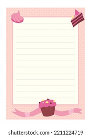 Recipe card. Cooking card template. Culinary notes and sticker with cute ingredients. Menu note template