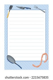 Recipe card. Cooking card template. Culinary notes and sticker with cute kitchen utensils. Menu note template