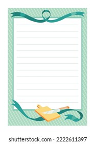 Recipe card. Cooking card template. Culinary notes and sticker with cute kitchen utensils. Menu note template