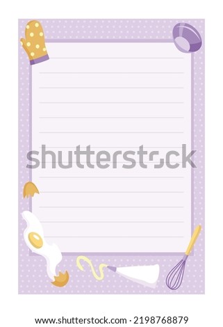 Recipe card. Cooking card template. Culinary notes and sticker with cute ingredients. Menu note template