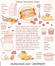 Recipe card. Creamy strawberry crepes. Vector illustration.