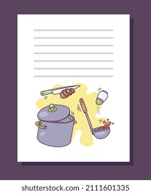 Recipe card or culinary book page with blank lined place for text and cooking kitchen tools, hand drawn doodle style vector illustration isolated on white background.