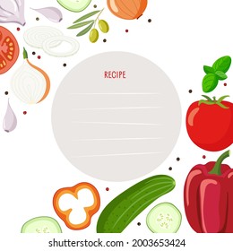 Recipe Card with Gaspacho Product Kit and Lines Vector Template. Background for recipe with tomato soup products. Cookbook page with place for writing. Write useful information.