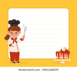 Recipe Card with Happy Girl Chef in Toque with Cake Vector Template