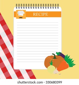 Recipe card. Kitchen note blank template vector illustration. Cooking notepad on table with tablecloth and vegetables