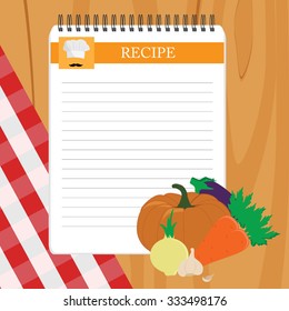 Recipe card. Kitchen note blank template vector illustration. Cooking notepad on table with tablecloth and vegetables