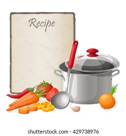 Recipe card. Kitchen note blank template vector illustration. Cooking notepad on table with kitchenware and vegetables