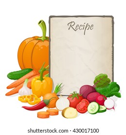 Recipe card. Kitchen note blank template vector illustration. Cooking notepad on table with and vegetables