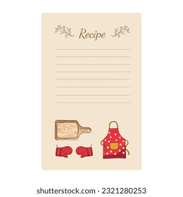 Tarjeta de receta con utensilios de cocina. Ilustración vectorial dibujada a mano.