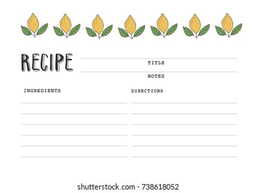 Recipe card with lemon illustration. Cookbook template page.