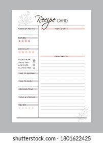 Recipe card and Meal Planner printable template Vector. Meal planning and groceries list. Easily plan out of your weekly meals for breakfast, lunch, dinner and snacks.
