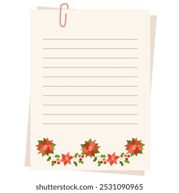 Recipe card with paperclip and copy space with poinsettia flowers and red berries. Vector illustration for poster, card, recipe.