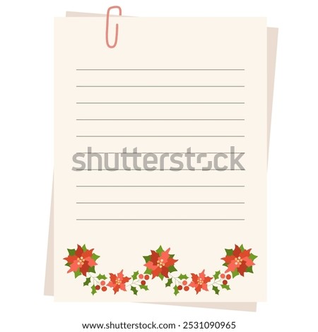 Recipe card with paperclip and copy space with poinsettia flowers and red berries. Vector illustration for poster, card, recipe.