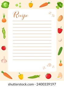 Tarjeta de receta. Afiche, hoja, formulario para escribir recetas. Fondo de verduras jugosas. Página del libro de recetas. Ilustración vectorial, plantilla de impresión 