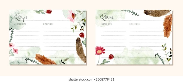 recipe card with rustic floral and feather watercolor