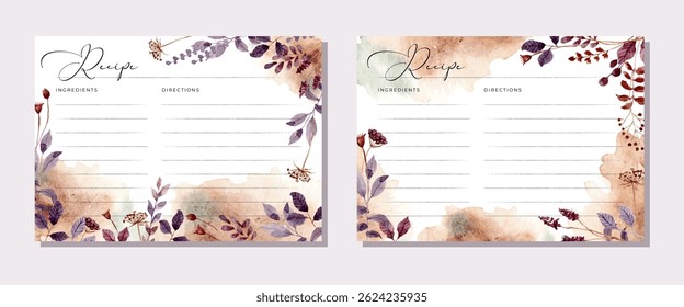 recipe card with rustic purple brown wildflower and leaves watercolor frame