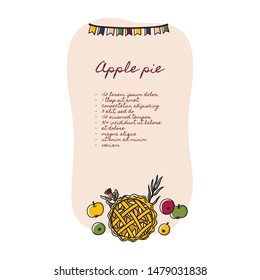 Recipe card template with apple pie, apples and garland. Hand drawn doodle style page for planner and culinary book page. Stock vector