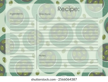 Recipe card template, black olives blank. Cartoon recipe card template illustration