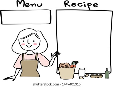 Recipe card template with blank space for writing recipe on it and a doodled illustration of cute young woman in apron at the bottom left corner of page pointing to recipe. Grocery bags included.