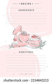 Plantilla de tarjeta de receta para billetes de cocina. Las páginas limpias del libro de cocina son mezclador y postre decorados. Ilustración vectorial.