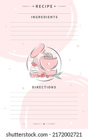 Recipe card template for cooking notes. Clean pages of the cookbook are decorated mixer and cupcake. Vector illustration.