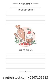 Recipe card template for cooking notes. Clean pages of the cookbook are decorated set of tools for making cakes, cookies and pastries. Vector illustration.
