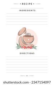 Recipe card template for cooking notes. Clean pages of the cookbook are decorated mixer for making cakes. Vector illustration.
