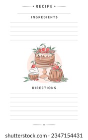 Recipe card template for cooking notes. Clean pages of the cookbook are decorated cake with berries. Vector illustration.
