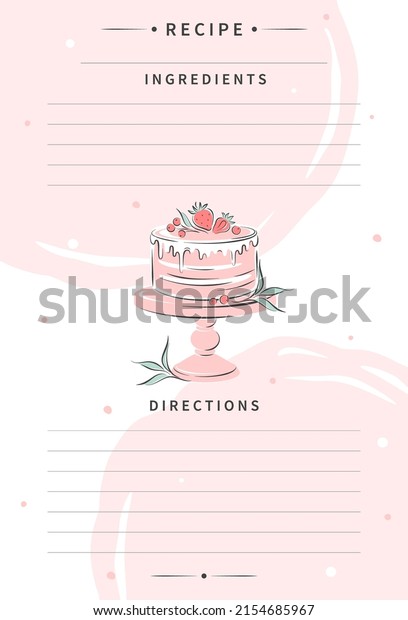 Recipe card template for cooking notes.\
Clean pages of the cookbook are decorated cake with berries. Vector\
illustration.\\
