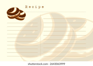 Recipe card template with drawing macaroons or chocolate cookies. Vintage old paper style, scrapbooking.