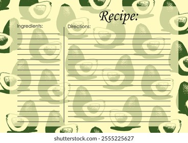 Recipe card template, empty blank. Cartoon recipe card template with avocado illustration