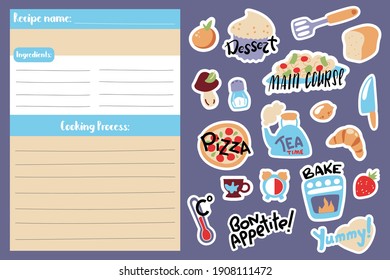 Recipe Card Template And Food Cooking Stickers. Playful Cook Book Page Vertical Format A5 Size. Kids Cooking Class Recipe Template With Cartoon Icons And Text Place. Kitchen Card For Bullet Journal 